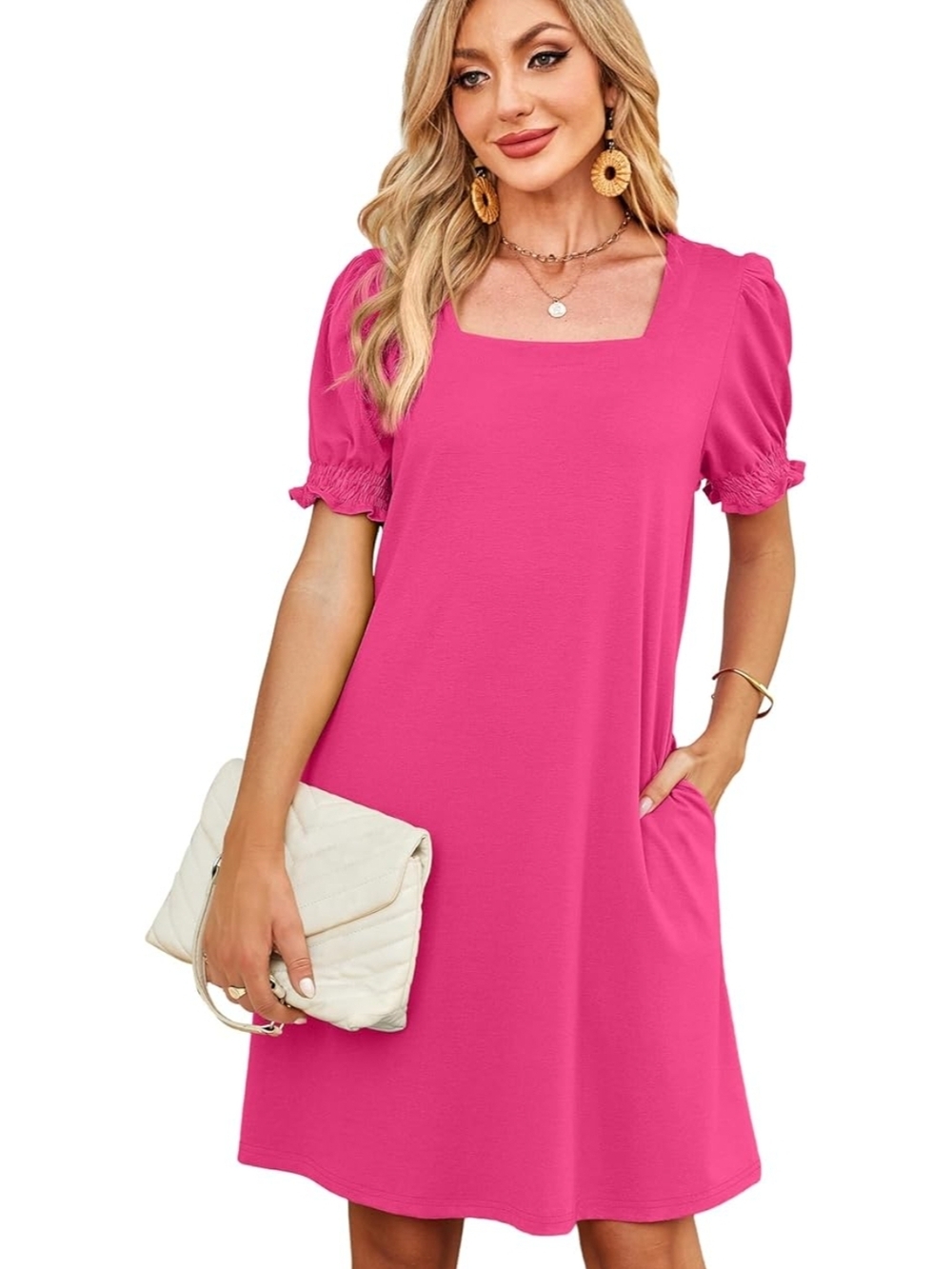 Pink Square Neck Short Sleeve Dress
